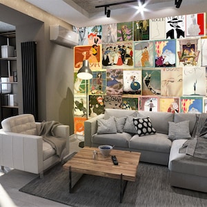 May include: A living room interior with a gray sectional sofa, a white armchair, a coffee table, and a dining table with chairs. The wall behind the sofa is covered with a collage of vintage Vogue magazine covers.