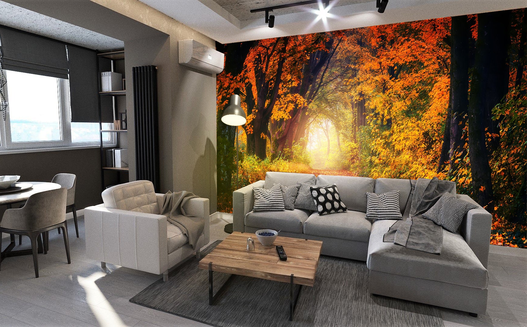Forest Wallpaper Yellow Leaves Print Landscape Autumn Decal Wall Art ...