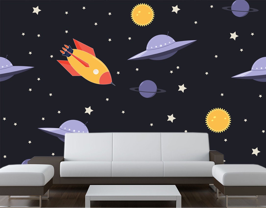Space Kids Wallpaper Rocket Wall Mural Ufo Baby Decal Cosmos Etsy