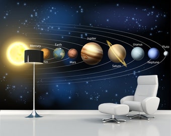 Könnte beinhalten: Ein Wandbild, das ein Sonnensystem mit der Sonne, den Planeten und ihren Namen darstellt. Die Planeten sind in ihrer richtigen Reihenfolge von der Sonne aus dargestellt: Merkur, Venus, Erde, Mars, Jupiter, Saturn, Uranus, Neptun und Pluto. Das Wandbild ist vor einem dunkelblauen Hintergrund mit Sternen platziert.