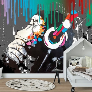 Graffiti monkey with headphones wallpaper Music mural Gorilla art gift Colorful Abstract print Playroom decor Removable Banksy room gift