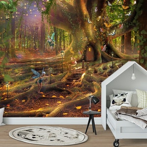 Treehouse wallpaper Fantasy Enchanted forest mural magical forest wall print Nursery room gift Playroom decor Removable Fairy tree art