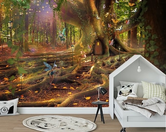 Treehouse wallpaper Fantasy Enchanted forest mural magical forest wall print Nursery room gift Playroom decor Removable Fairy tree art