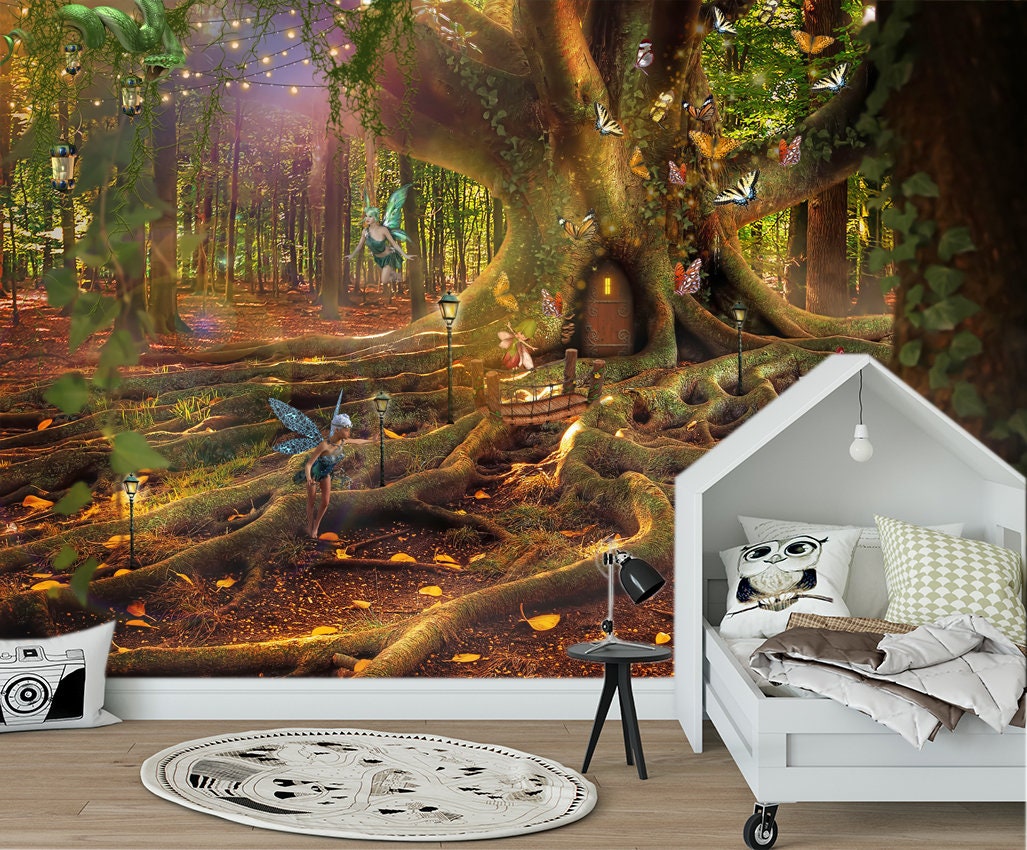Treehouse wallpaper Fantasy Enchanted forest mural magical forest wall print Nursery room gift Playroom decor Removable Fairy tree art
