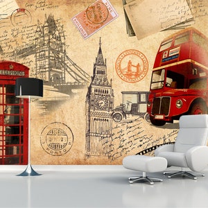 May include: A vintage-style illustration of London landmarks, including Big Ben, Tower Bridge, a red double-decker bus, and a red telephone booth. The background features old paper with handwritten notes and stamps.
