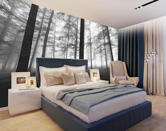 Peel & stick Mystical Foggy Forest Wallpaper Black White Mural Nature Wall Art Tree Print Scenery Decor Office Living room Removable Decal