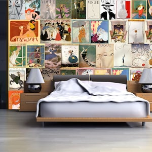 May include: A collage of vintage Vogue magazine covers featuring fashion illustrations and photography. The covers are arranged in a grid pattern and feature a variety of colors and designs.
