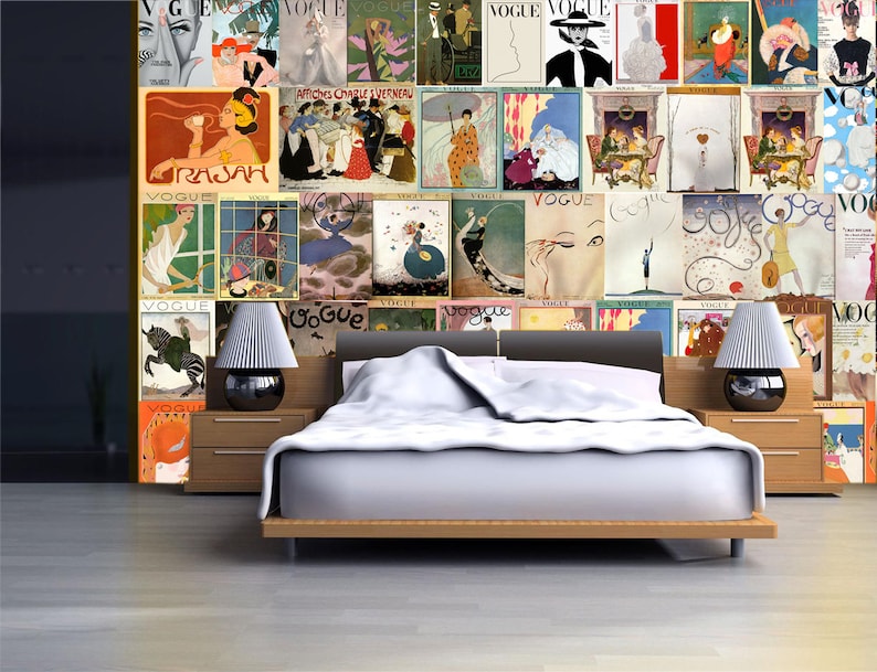 May include: A collage of vintage Vogue magazine covers featuring fashion illustrations and photography. The covers are arranged in a grid pattern and feature a variety of colors and designs.