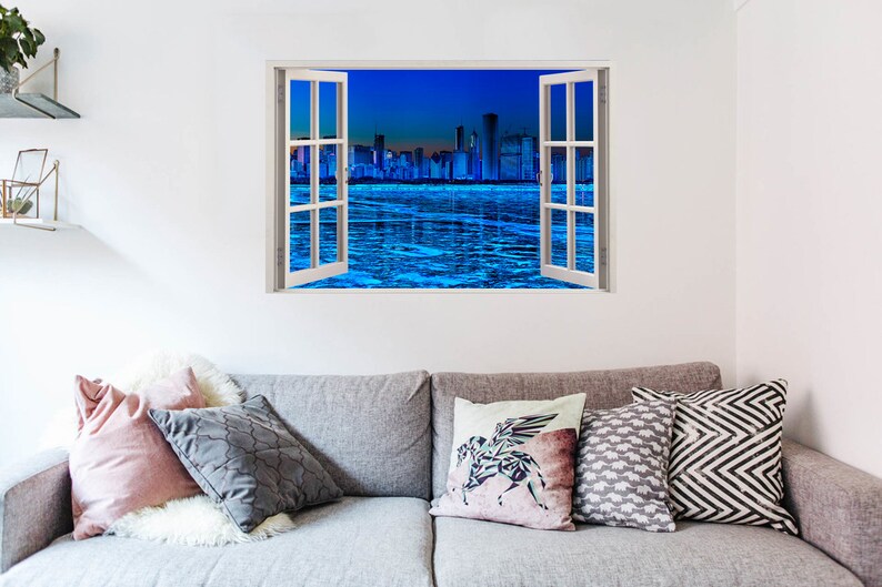 Chicago Wall Decal Lake Art Sticker View From Window Blue Decor Ice ...