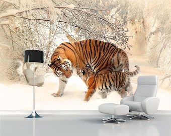 Tiger wallpaper Peel and stick art Chinese wall print Winter decor Wildlife 3d mural Forest photo Asia mural Cat decoration Animal gift