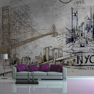 New York Wandbild Manhattan Kunstwerk Selbstklebende Kunst Retro Aufkleber Peel-Stick Dekor Skizze der Stadt Entfernbare Tapete Reisedruck