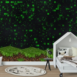 Pixel green wallpaper Gaming mural Playroom print Video removable art Square pattern kids art Cube nursery décor peel and stick Cartoon gift