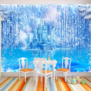Ice castle wallpaper Magic kids room mural Frozen decal Playroom art Snowland wall print Snowflake baby art Bed room gift Winter decor