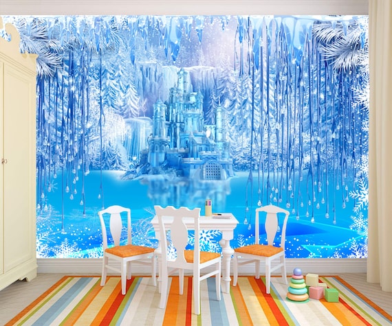 Ice castle wallpaper Magic kids room mural Frozen decal Playroom art Snowland wall print Snowflake baby art Bed room gift Winter decor