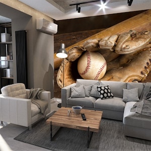 Baseball glove and ball wallpaper Sport Wall Mural Complete Game decal decor for boys room Peel and Stick motivation print Gym Self Adhesive
