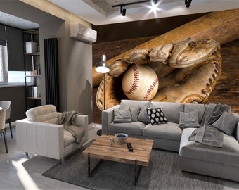 Baseball glove and ball wallpaper Sport Wall Mural Complete Game decal decor for boys room Peel and Stick motivation print Gym Self Adhesive