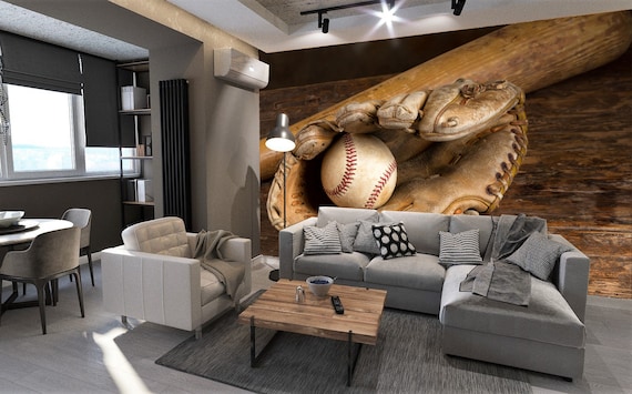 Baseball glove and ball wallpaper Sport Wall Mural Complete Game decal decor for boys room Peel and Stick motivation print Gym Self Adhesive