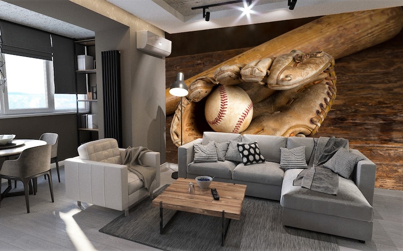 May include: A baseball glove with a baseball inside, a wooden bat, and a wood-grain background. The glove is brown leather with white stitching. The baseball is white with red stitching. The bat is brown wood. The background is a dark brown wood.