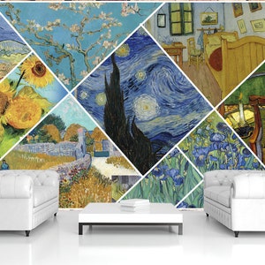 Puede incluir: Un collage de nueve pinturas famosas de Vincent van Gogh, incluyendo "La noche estrellada", "Girasoles" y "Dormitorio en Arles". Las pinturas están dispuestas en forma de diamante y se muestran en una pared blanca.