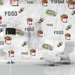 Papel pintado de hamburguesa y bebida Mural de habitación de bebé Impresión de pared de comida rápida Decoración de habitación de cocina Restaurante extraíble Regalo para chef Mural cafe shop art