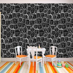 Carta da parati con volti carini e divertenti Rimovibile Silhouette per bambini Murale per bambini Arte da parete in bianco nero Decalcomania estetica funky Sala giochi della scuola materna