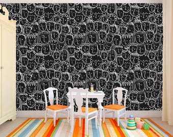 Cute and Funny Faces Wallpaper Removable Children's Silhouette Kids Mural Black white Wall Art Funky Aesthetic Decal Nursery game room