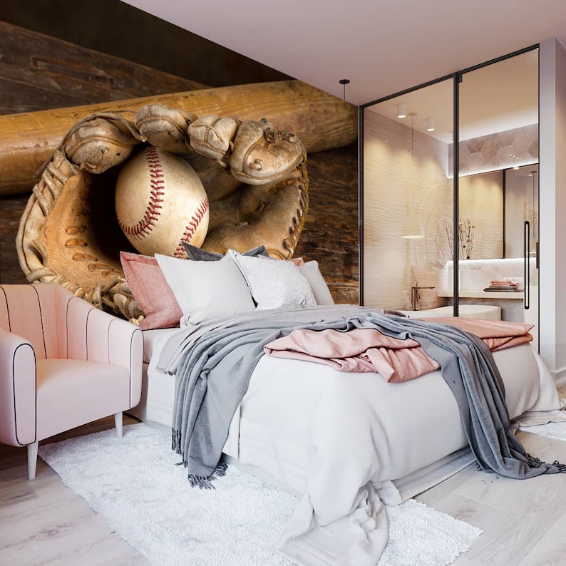 May include: A baseball in a brown leather glove with a wooden baseball bat behind it. The glove and bat are against a wood panel background. The image is a wall mural for a bedroom.