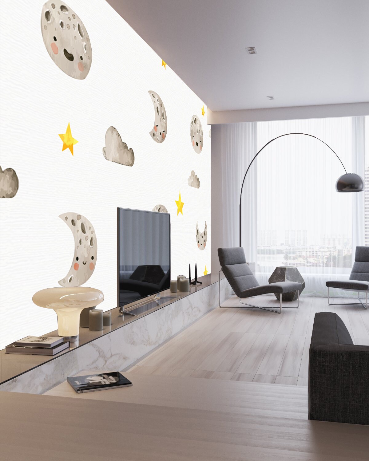 Moon and Star Wallpaper Baby Wall Mural Cloud Nursery Print Kids ...