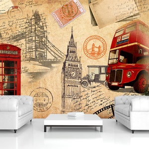 May include: A vintage-style collage featuring iconic London landmarks, including a red double-decker bus, a red telephone booth, Big Ben, and Tower Bridge. The background is a faded, textured paper with handwritten notes and stamps.