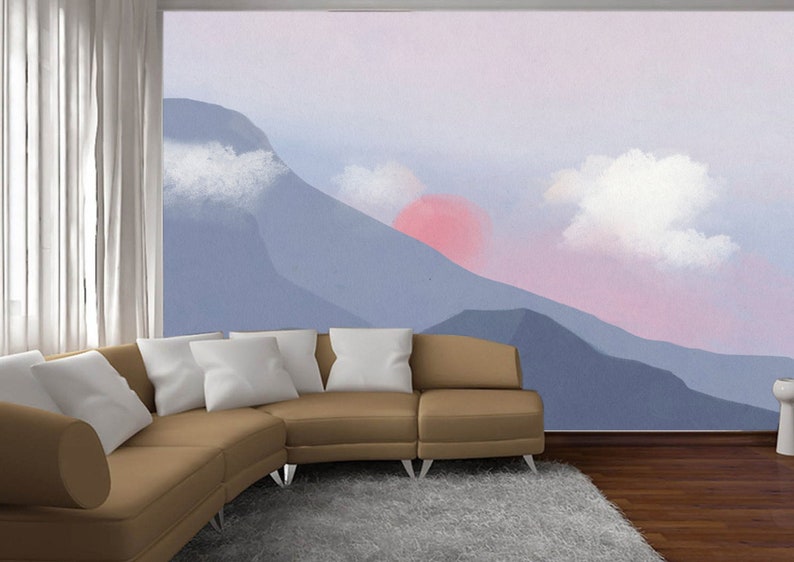 Mountain Wallpaper Sun Wall Mural Abstract Print Nature Decor Peel and ...