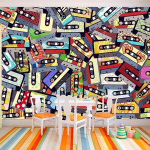 Carta da parati con audiocassette retrò, musica colorata, rimovibile, astratta, murale, decorazione per adolescenti, sala giochi, stampa, camera dei bambini, moderna, autoadesiva