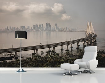 Biggest bridge wallpaper Seascape wall decal Bandra-Worli Sea link art Mumbai skyline print Travel mural Indian City decal Cityscape art