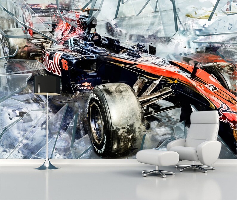 Op de afbeelding: Een digitaal verbeterde afbeelding van een Formule 1-raceauto in beweging, met een zwart-rood kleurenschema en het nummer 16. De auto lijkt door een gebroken glaseffect te breken, met een grote band op de voorgrond.