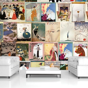 May include: A collage of vintage Vogue magazine covers featuring illustrations of women in various fashions and poses. The covers are arranged in a grid pattern and feature a variety of colors and designs.
