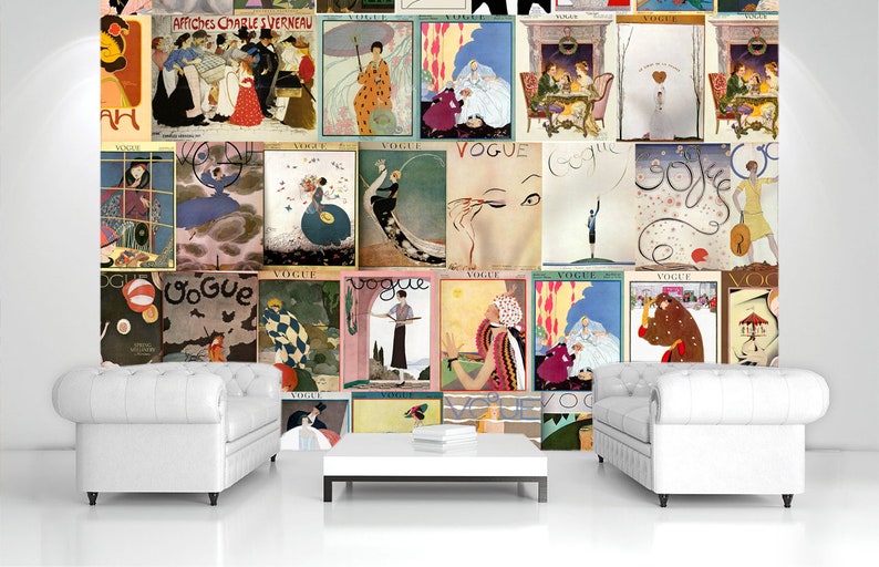 May include: A collage of vintage Vogue magazine covers featuring illustrations of women in various fashions and poses. The covers are arranged in a grid pattern and feature a variety of colors and designs.