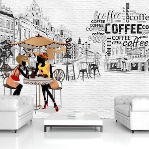 Carta da parati con tema caffè, murale di una caffetteria, disegno schizzo, stampa street art, stile ristorante, arte murale per bevande, cucina, stacca e attacca, arredamento per attività commerciali