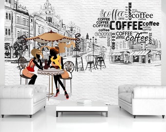Coffee theme wallpaper Cafe house mural Sketch design Street art print Restaurant Style Drink wall art Kitchen Peel and Stick Business décor
