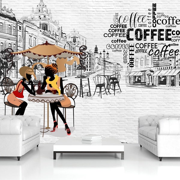 Coffee theme wallpaper Cafe house mural Sketch design Street art print Restaurant Style Drink wall art Kitchen Peel and Stick Business décor