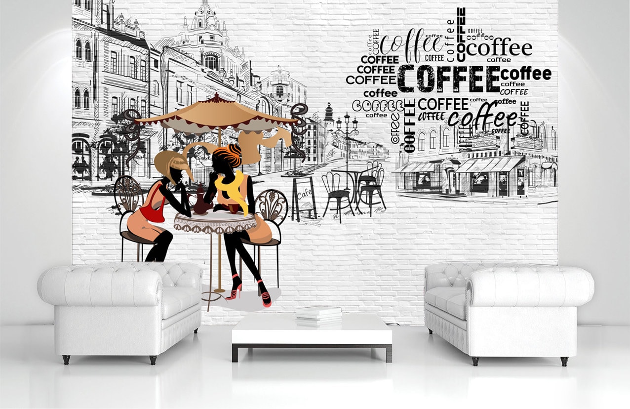 Coffee theme wallpaper Cafe house mural Sketch design Street art print Restaurant Style Drink wall art Kitchen Peel and Stick Business décor