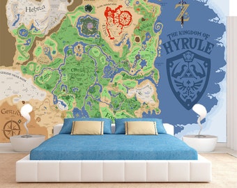 Hyrule map wallpaper Legend of Zelda print Peel and stick the Kingdom Video game decal Playroom mural Kids room decor self-adhesive gift