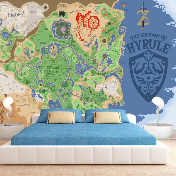 Hyrule map wallpaper Legend of Zelda print Peel and stick the Kingdom Video game decal Playroom mural Kids room decor self-adhesive gift