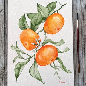 Tangerine Brunch Painting Original Watercolor Floral Botanical Painting Citrus Watercolor Painting A4 11.7x8.3” 29.7x21cm by FrolovArt