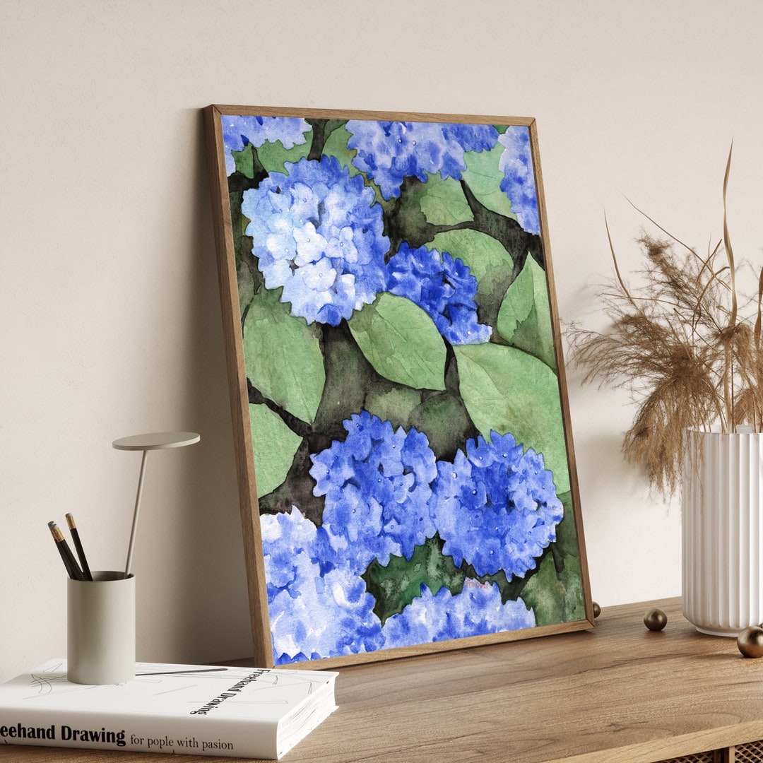 Blue Hydrangea Print Floral Poster Hydrangea Watercolor Painting