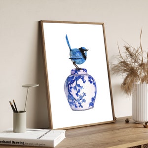 Bird Watercolour Chinoiserie Poster Oriental Vase Blue White Above Bed Art Ginger Jar Poster by FrolovArt