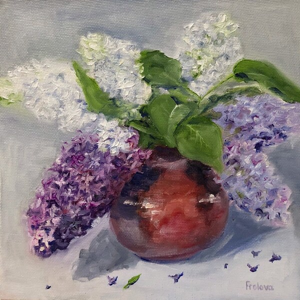 Lilac in a red vase original oil painting still life 8x8”20x20cm Small oil painting on Canvas panel Perfect gift for her