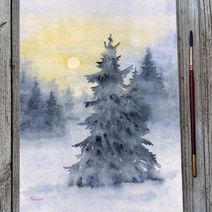 Winter Forest Watercolor Original Painting Winter Snow Landscape Painting Modern Farmhouse Decor A4 11.7x8.3” 29.7x21cm by FrolovArt