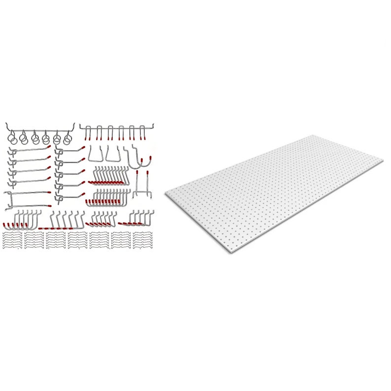 Op de afbeelding: Een wit prikbord met een raster van gaten en een set metalen haken met rode uiteinden. De haken zijn in verschillende maten en vormen, waaronder recht, gebogen en rond.