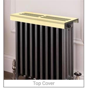 May include: A dark gray radiator with vertical bars, topped with a light wood-colored top cover. The top cover has three horizontal vent slots. The text "Top Cover" is displayed at the bottom of the image.