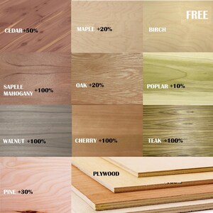 May include: A collection of wood samples, including cedar, maple, birch, oak, poplar, walnut, cherry, teak, pine, and plywood. Each sample displays its unique grain pattern and color, with text labels indicating the wood type and a percentage increase.