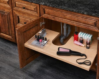 Under sink Stationary Shelf with U Shape cutout for pipes, Your Size, MDF or Change Color, 3/4"thick, or Upgrade plywood-Custom any size